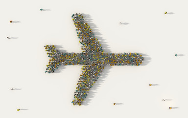 Poster - Large group of people forming airplane icon in social media and community concept on white background. 3d sign of crowd illustration from above gathered together