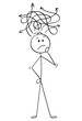 Cartoon stick figure drawing conceptual illustration of confused man or businessman thinking about problem.
