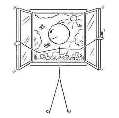 Poster - Cartoon stick figure drawing conceptual illustration of man opening window to beautiful garden or nature.