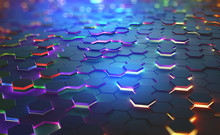 A Field Of Hexagons In A Futuristic 3D Illustration. Bright Color And Neon Light Of The Heated Edges Of The Hexagons. Shallow Depth Of Field With Bokeh Effect