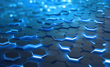 A Field Of Hexagons In A Futuristic 3D Illustration. Computer Of The Future. Burning, Glowing Edges Of Objects. Shallow Depth Of Field With Bokeh Effect