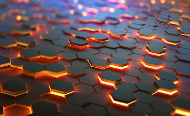 Aufkleber - Glowing hexagons in abstract technological 3D illustration. The concept of a quantum computer. The computing machines of the future in the global decentralized network