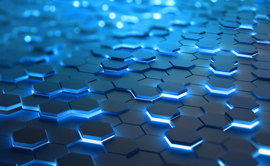 Wall Mural - A field of hexagons in a futuristic 3D illustration. Computer of the future. Burning, glowing edges of objects. Shallow depth of field with bokeh effect