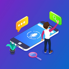 Wall Mural - 3d Isometric voice search concept. search for information using voice. Voice commands or voice assistant in a mobile phone. Can use for web banner, infographics, hero images