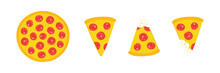 Set, Collection Of Vector Pepperoni Pizza Slices And Whole Pizza Isolated On White Background.