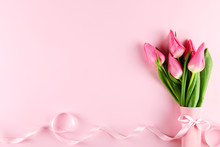 Fresh Flower Composition, Bouquet Of Bi Color Tulips, Pale Pink And White Gradient Background. International Women's Day, Mother's Day Greeting Concept. Copy Space, Close Up, Top View, Flat Lay.