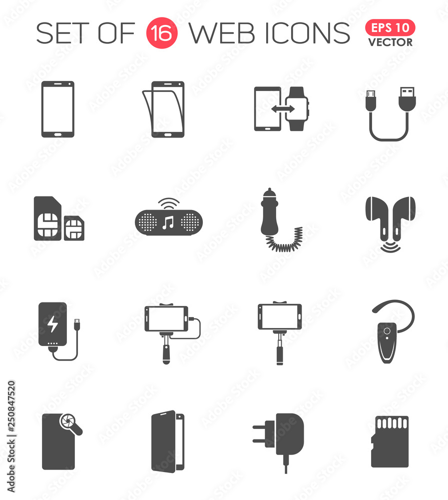 smartphone accessories icon set. smartphone accessories vector icons for web, mobile and user interface design - obrazy, fototapety, plakaty 