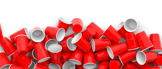 Plastic red color disposable cups pile on white background, banner. 3d illustration