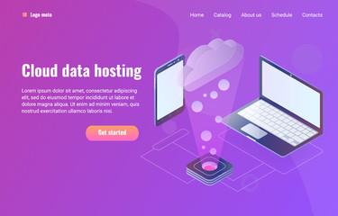 Wall Mural - Cloud data hosting illustration with phone and laptop