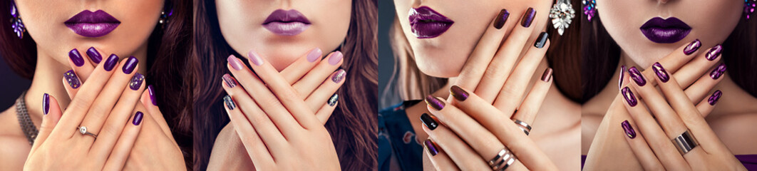 Canvas Print - Four types of purple nail design. Beautiful woman with perfect make-up, manicure and jewellery. Fashion