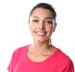 Wall Mural - Young woman with healthy teeth on white background