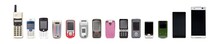 Old Mobile Phones From Past To Present On White Background.