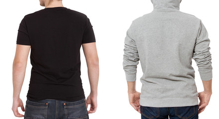 T shirt and sweatshirt template. Men in black tshirt and in grey hoody. Back rear view. Mock up isolated on white background. Copy space. Place for print. Cropped image