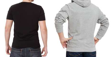 T shirt and sweatshirt template. Men in black tshirt and in grey hoody. Back rear view. Mock up isolated on white background. Copy space. Place for print. Cropped image