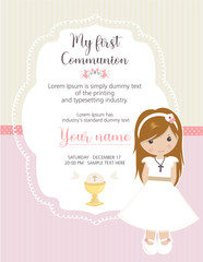 Poster - My first communion invitation. Beautiful girl with communion dress and cute frame