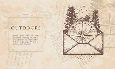  Outdoors. Compass in open envelope. Renaissance background. Medieval engaving manuscript. Vintage paper with drawings, vector