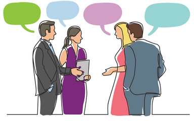 Poster - continuous line drawing of standing businee people discussing deal