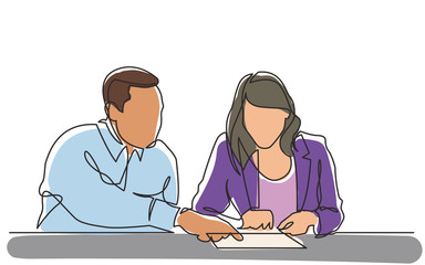 Poster - continuous line drawing of man instructing woman on work place