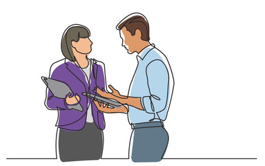 Poster - continuous line drawing of woman and man standing talking about work