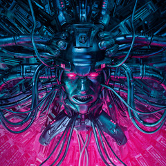 Wall Mural - Demon in the machine / 3D illustration of evil science fiction male artificial intelligence hardwired to computer core