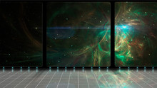 Space Scene. 3D Room With Green Fractal Nebula And Stars. Elements Furnished By NASA. 3D Rendering