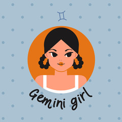 Gemini : Pretty girl with horoscope sign on pastel background  : Vector Illustration