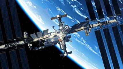 Wall Mural - 4K. Commercial Spacecraft Is Preparing To Dock With International Space Station. 3D Animation.