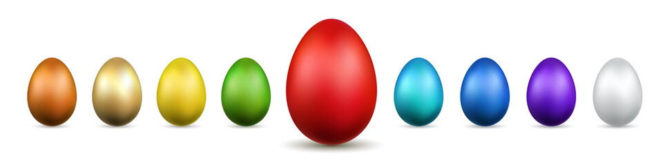 Wall Mural - easter egg 3d icons. gold, color eggs set isolated white background. golden design, decoration happy