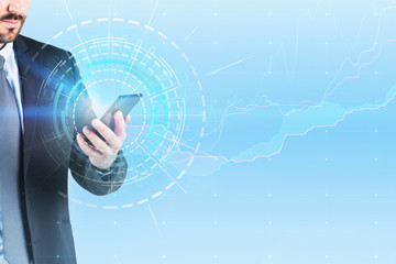 Poster - Bearded businessman with smartphone, hud