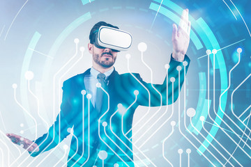 Poster - Man in vr glasses using circuit interface with hud