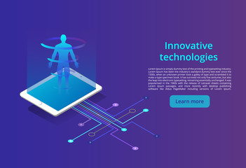 Poster - Digital technologies. Monitoring and testing of the digital process, business analysis. Modern design isometric concept of Analysis for website and mobile website. Landing page template.