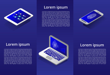 Poster - Isometric modern computers technology and networking concept.