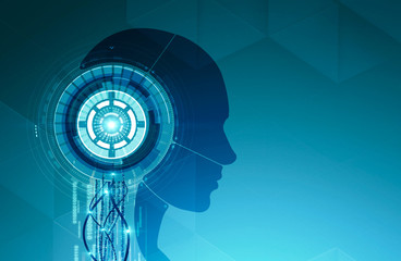 Poster - Robot head with hud over green background