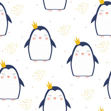 Seamless Pattern With Cute Penguin Princess. Kids Hand Drawn Print. Vector Illustration.