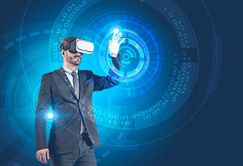 Poster - Businessman in vr glasses using hud interface