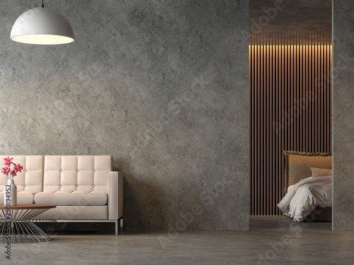 Loft Style Liveng Room And Bedroom With Polished Cocrete 3d