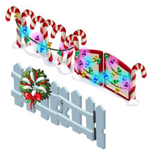 Element Of Wooden Fence And Candy Cane With Christmas Decorations Isolated On White Background. Vector Cartoon Close-up Illustration.