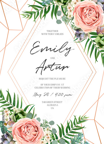 Wedding floral invite invitation card design. Lavender pink garden rose, gree...