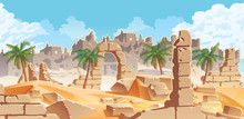Horizontal Background With Desert And Palms. City Ruins On The Horizon