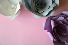 Colourful Handmade Paper Flowers On Pink Background. Vintage Paper Flowers. Ultra Violet, Grey, Flowers Paper Background Pattern Lovely Style. Rose Made From Paper. Happy Womans Day. 8 March