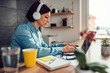 © kerkezz - Woman using laptop and listening music on a headphones