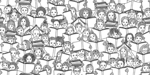 Seamless black and white banner of children reading books, 