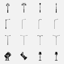 Set Of Street Light Lamps And Spotlights Silhouettes Flat Vector Icon.