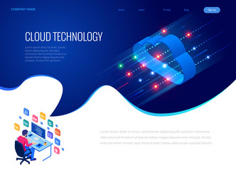 Wall Mural - Isometric modern cloud technology and networking concept. Web cloud technology business. Internet data services vector illustration.