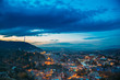 © Great Brut Here - Tbilisi, Georgia. Top View Of Georgian Capital City Skyline Cityscape In Evening Night Illuminations. Georgian Capital Skyline Cityscape