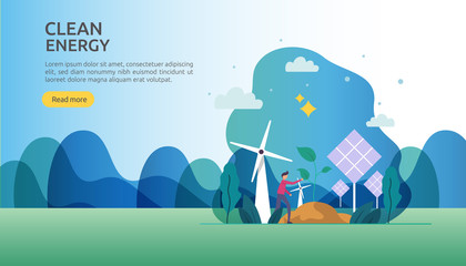 green clean energy sources. renewable electric sun solar panel and wind turbines. environmental concept with people character. web landing page template, banner, presentation, social, and print media.