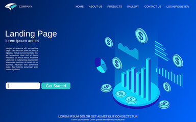 Business statistics flat isometric vector concept illustration. Website landing page design template