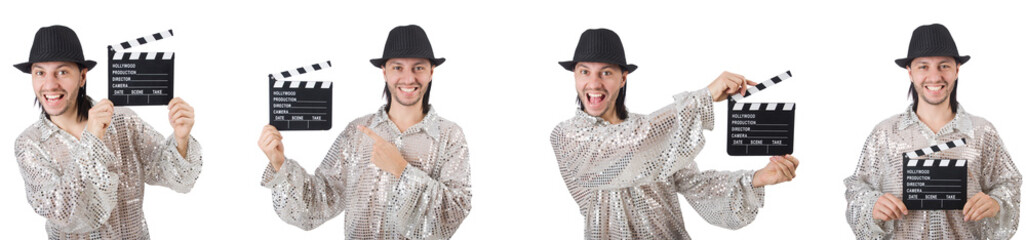 Wall Mural - Young man with clapper-board isolated on white 