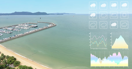 Wall Mural - weather forecast symbol data presentation with graph and chart on beautiful aerial view of summer be