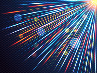 Poster - Futuristic speed lines with flare bokeh effect, motion background.